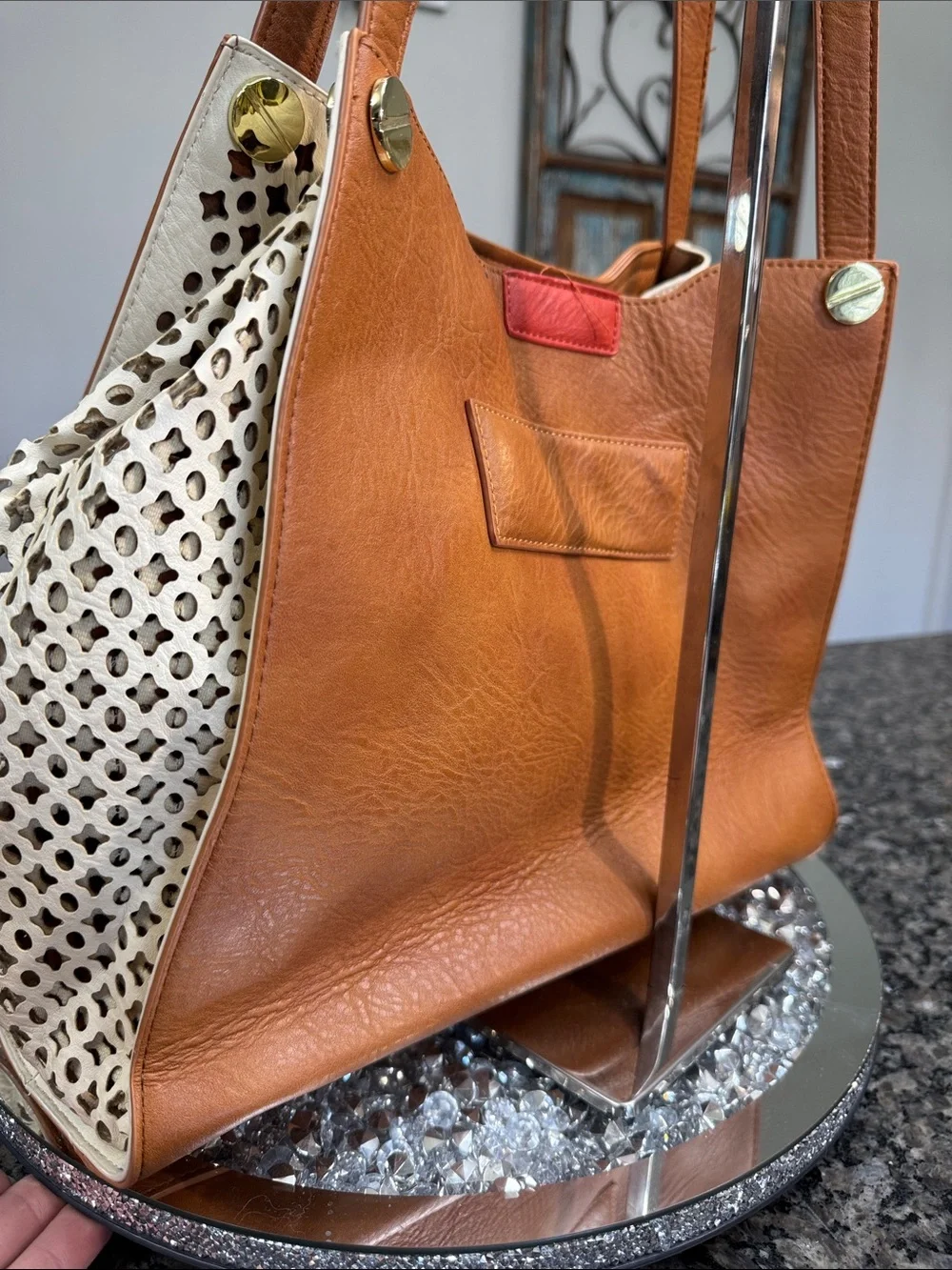 Big Buddha Tan & Cream Laser-Cut Shoulder Bag - Picture 6 of 12